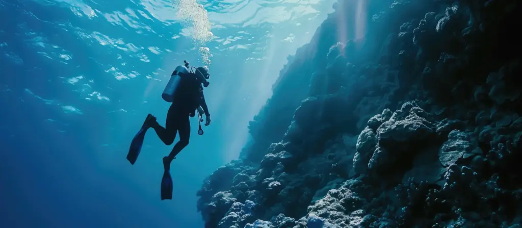 Diver on a first scuba diving experience past a sunlit rock formation in Malta