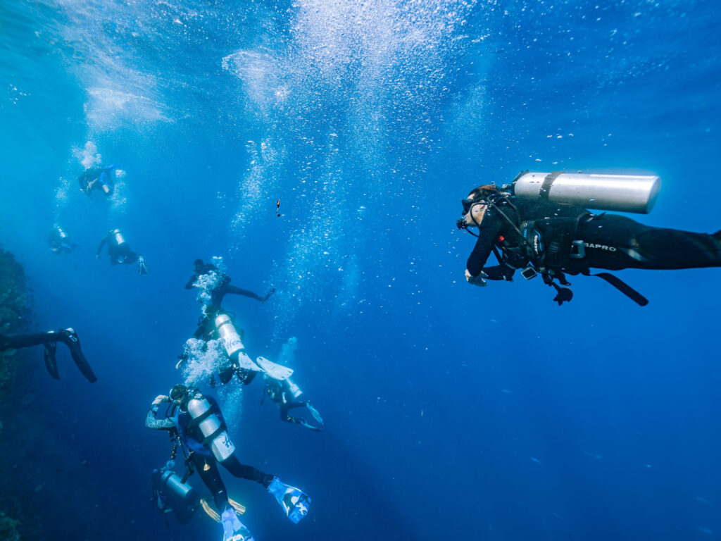 Group of divers on an open-sea training dive in Malta