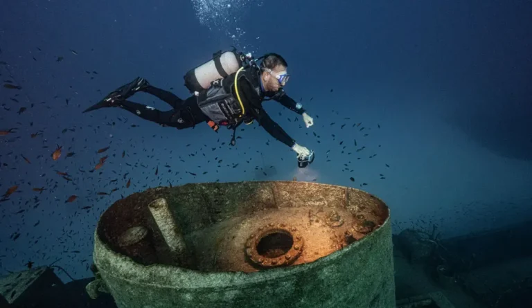 Diver shining a light on shipwreck remains surrounded by fish in Malta