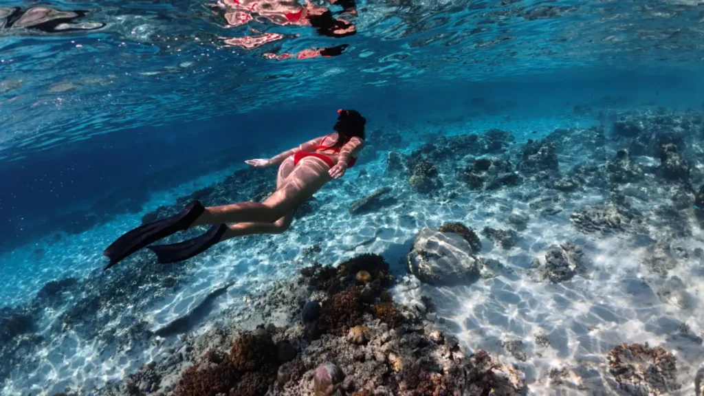 Snorkeller floating over the rocky shoreline in the clear turquoise water of Malta